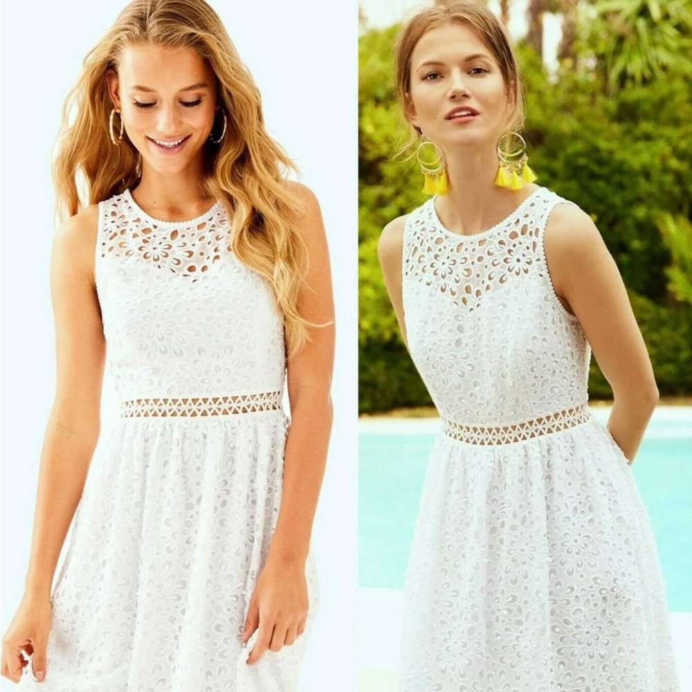 Lilly Pulitzer Sz 0 XS EUC White Alivia Sea Spray Eyelet Lace Fit & Flare Dress